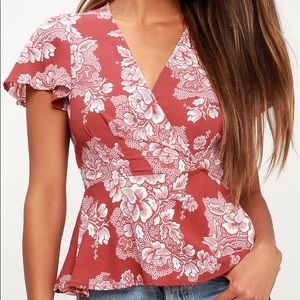 As Time Grows By Rusty Rose Floral Peplum Wrap Top